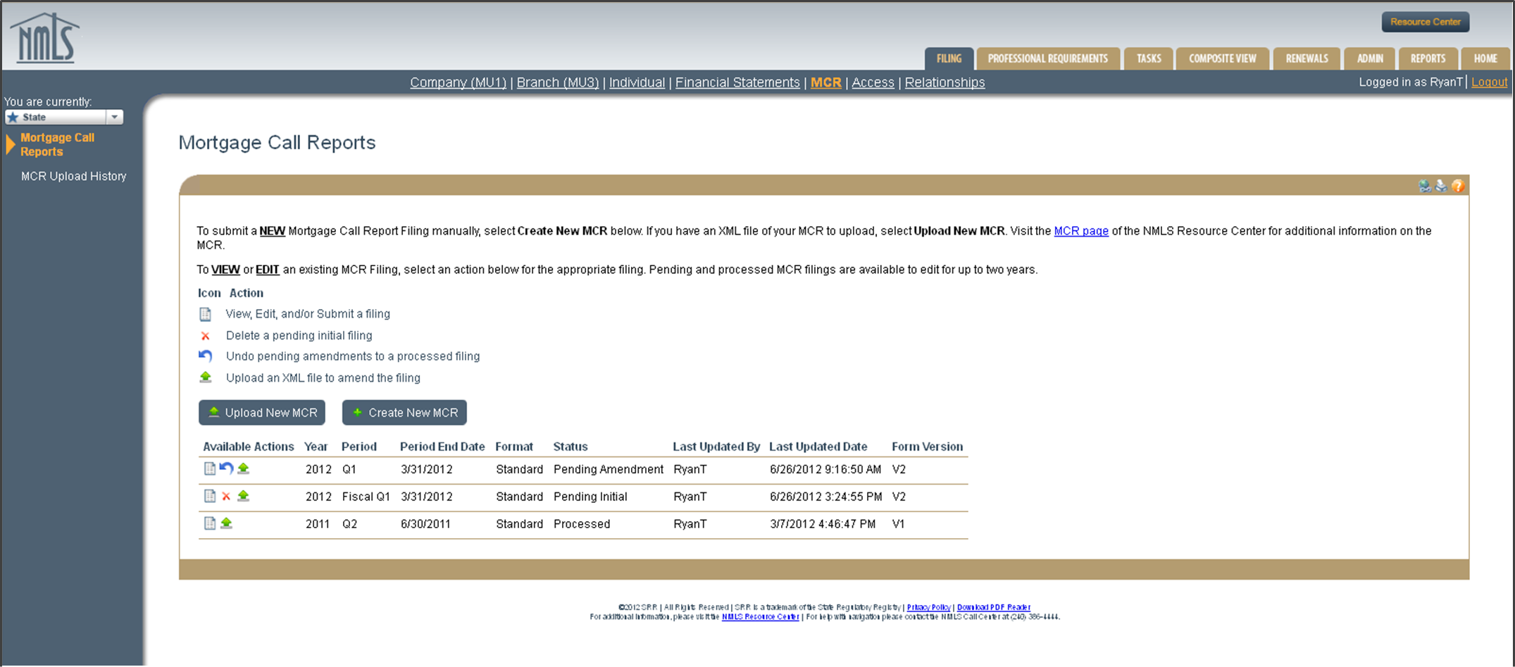 Mortgage call reports screen