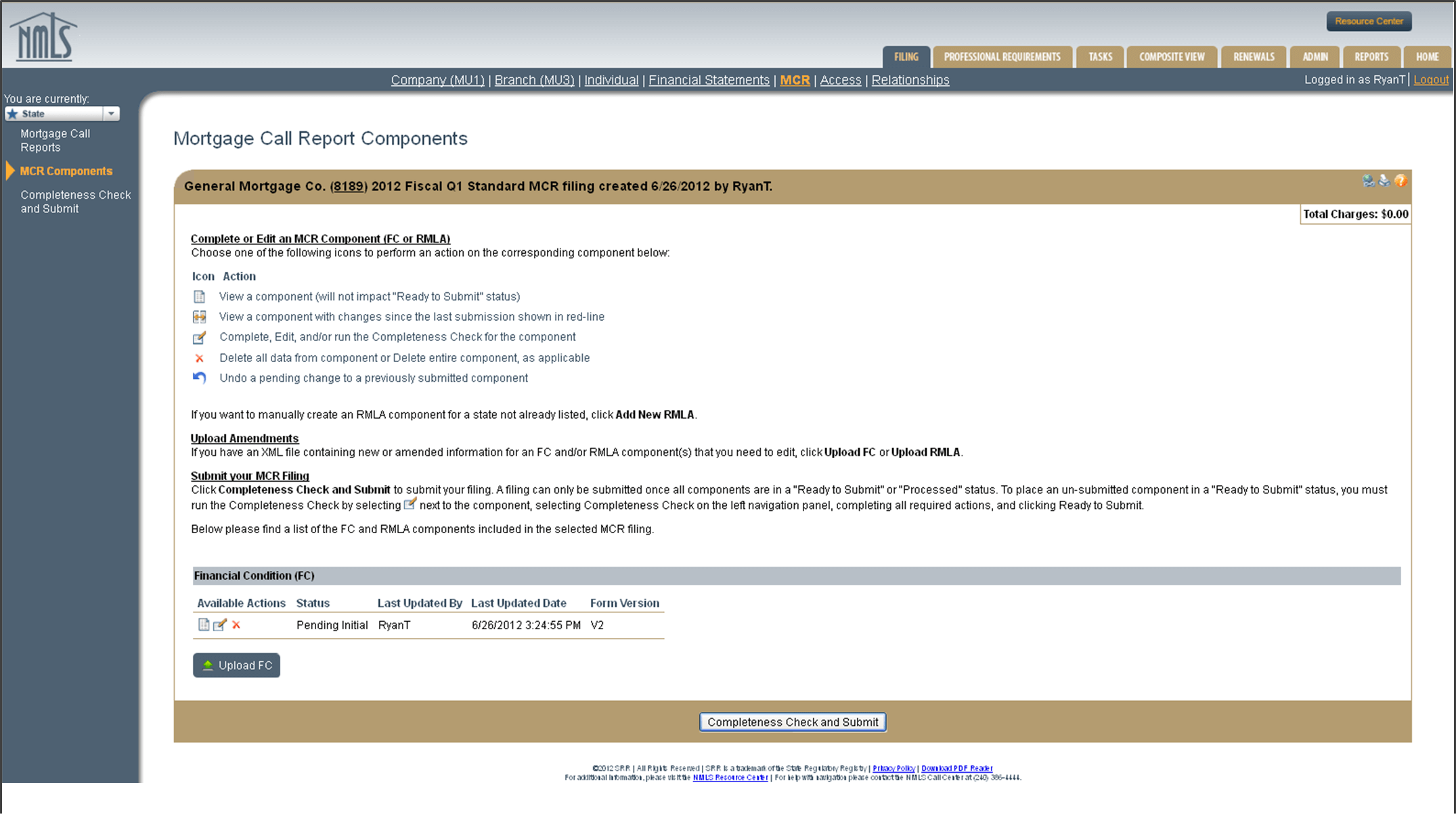 Mortgage Call Report components screen