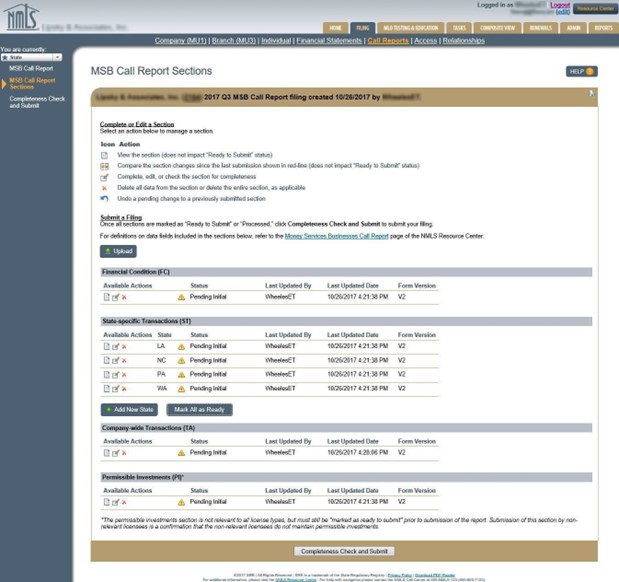 Money Service Business Call Report sections, screen 1 of 2