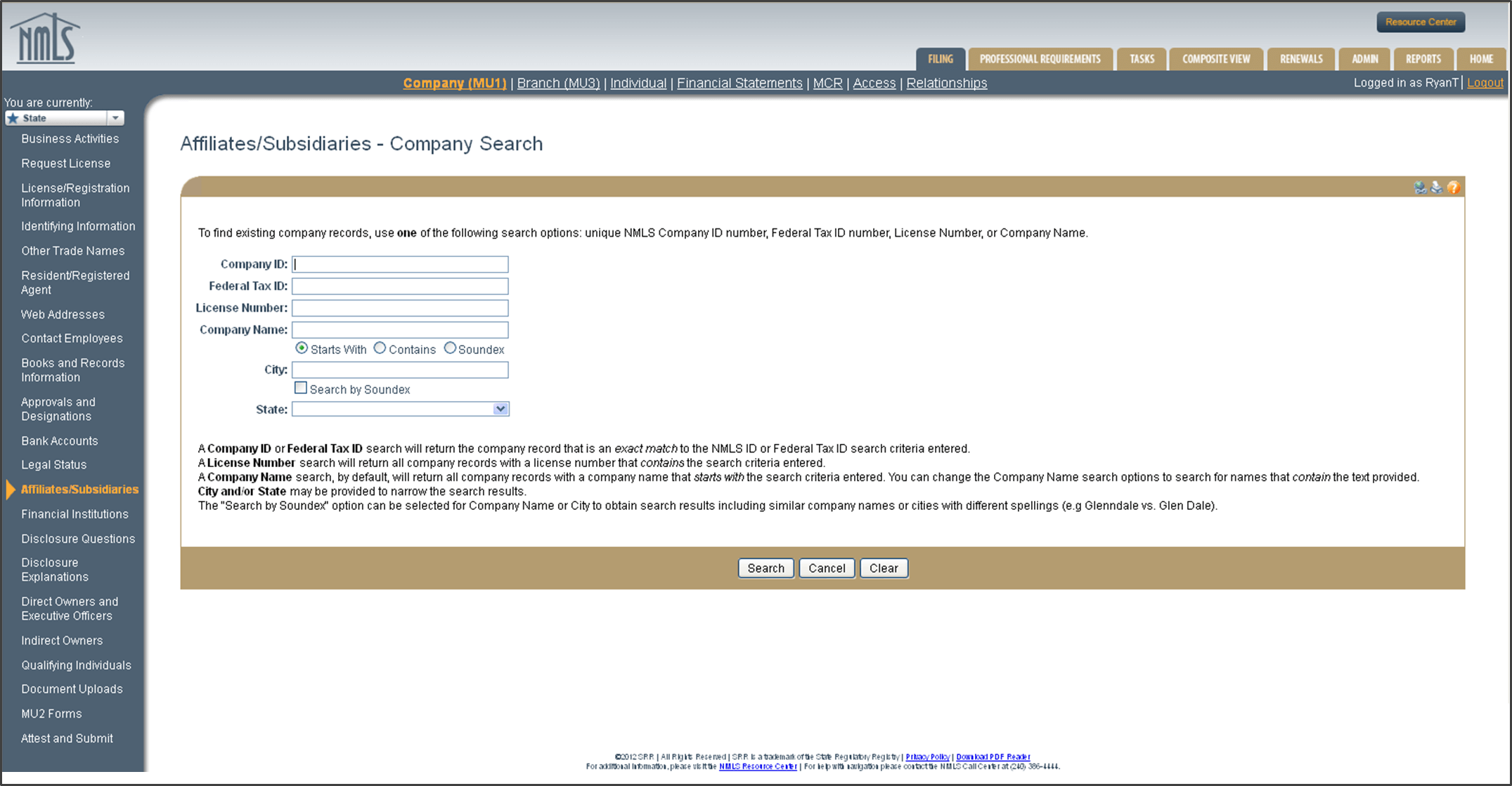 Affiliates and Subsidiaries section of the NMLS Company MU1 application