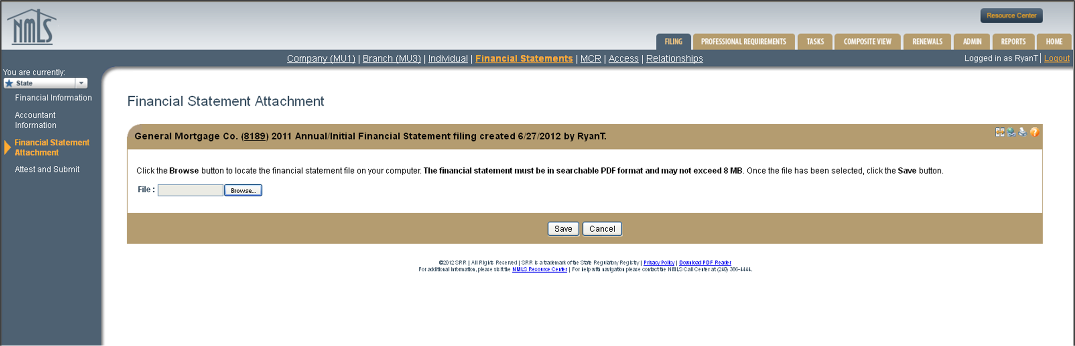Financial Statement Attachment screen