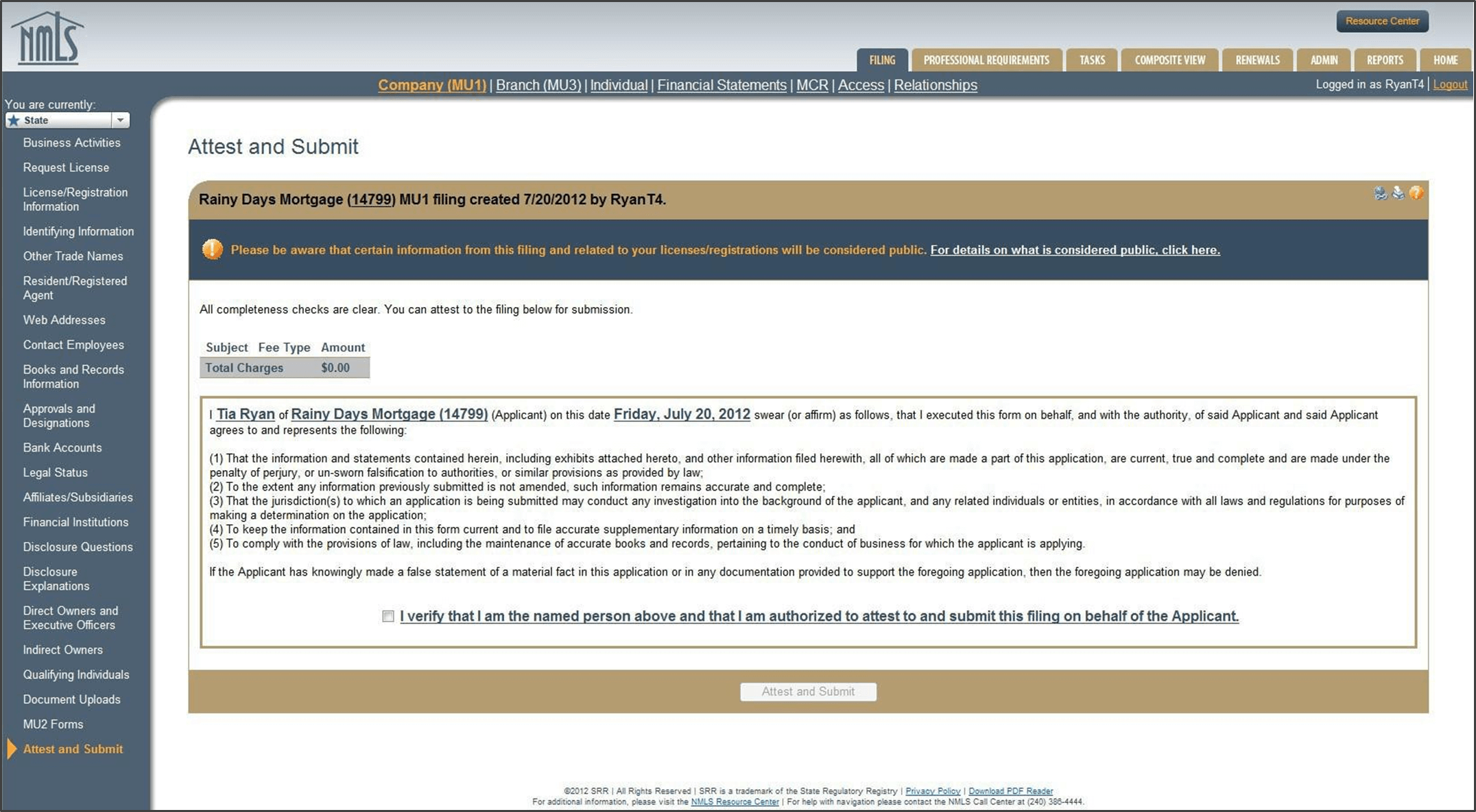 Attest and Submit screen of the NMLS Company MU1 application