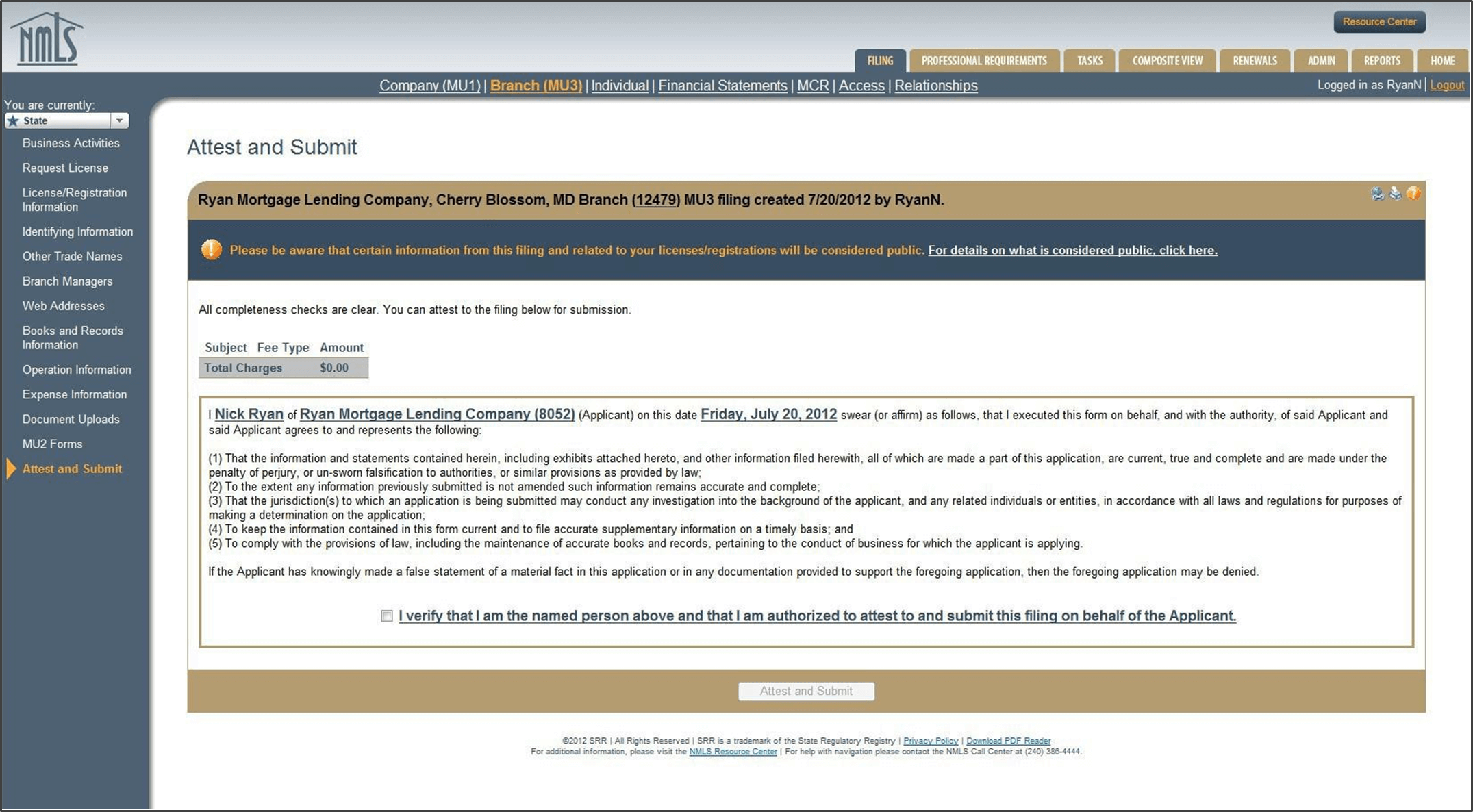 MU3 Attest and Submit section for branches in NMLS Company MU1