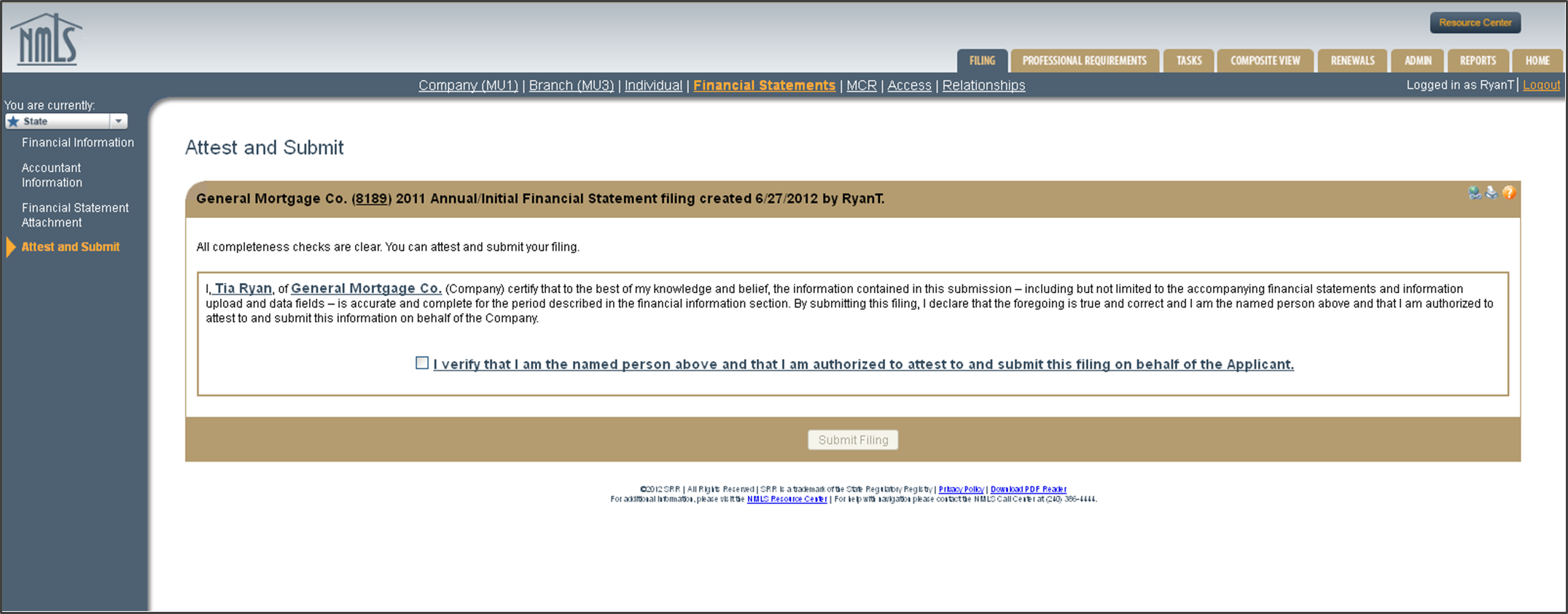 Attest and Submit screen for Financial Statements