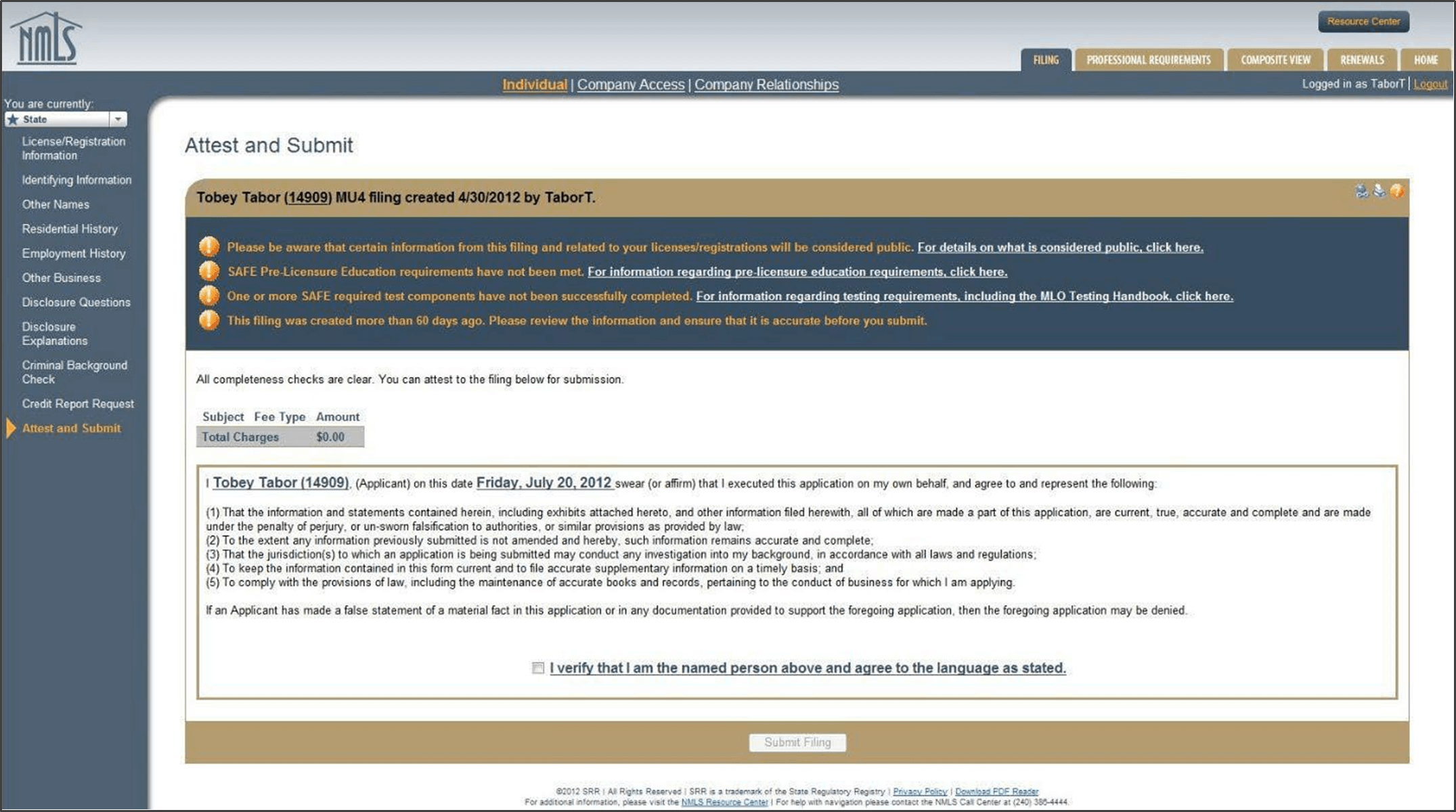 MU2 Attest and Submit screen for individuals identified in NMLS Company MU1 application