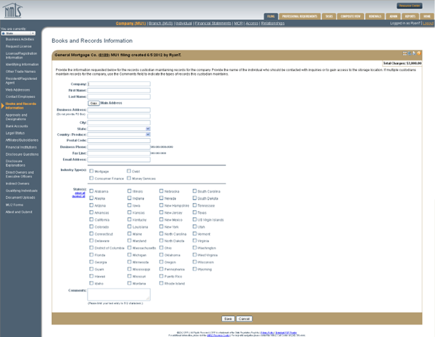 Books and Records Information screen in the NMLS company MU1 application