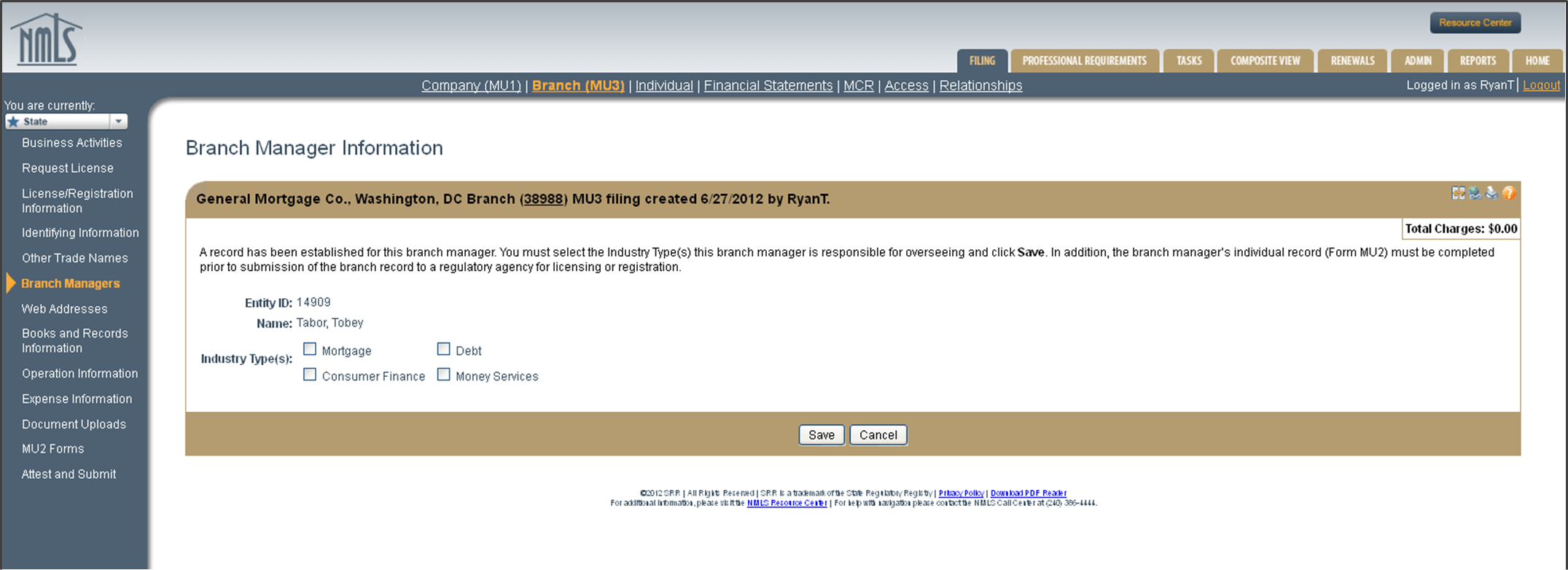 MU3 Branch Manager Information section for branches on the NMLS Company MU1 application