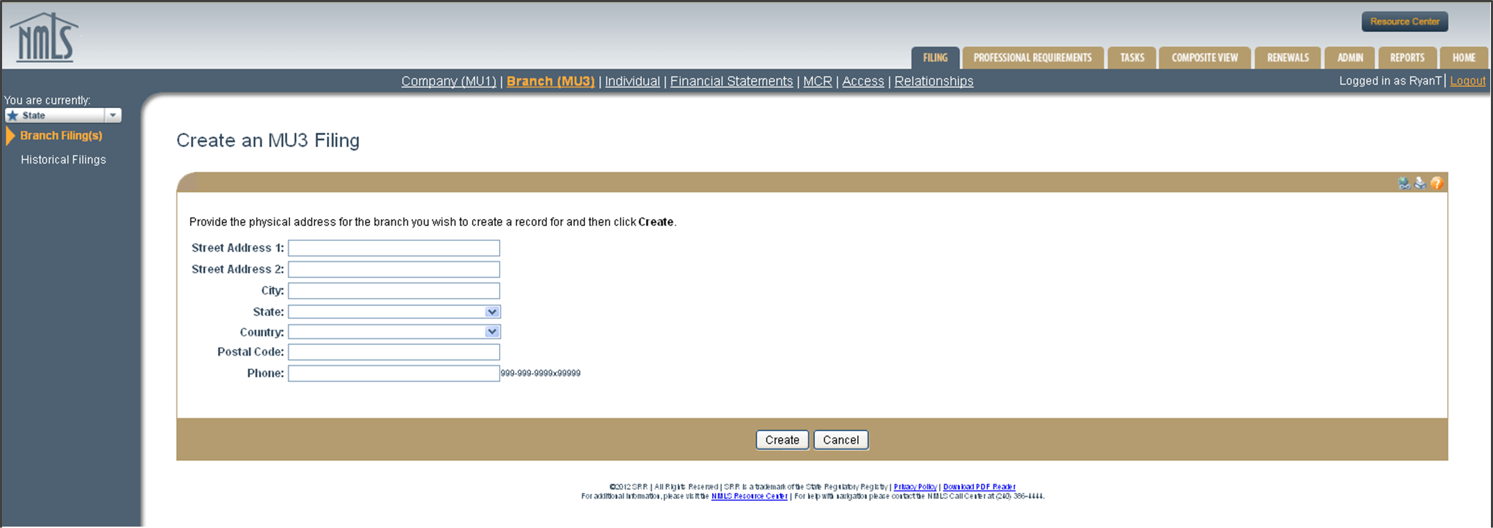 Create an MU3 filing for a Company Branch