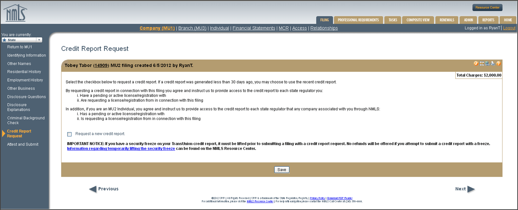MU2 Credit Report Request section for individuals identified in NMLS Company MU1 application