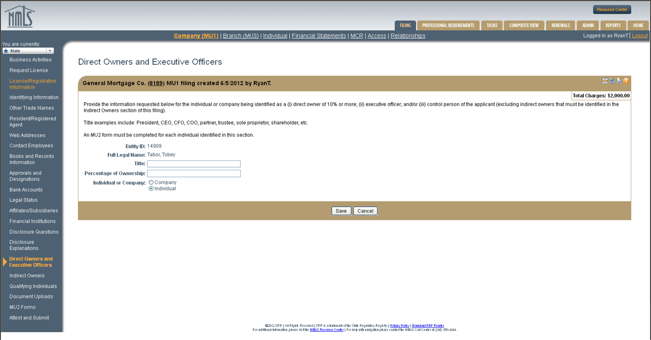 The Direct Owners and Executive Officers section of NMLS Company MU1 application