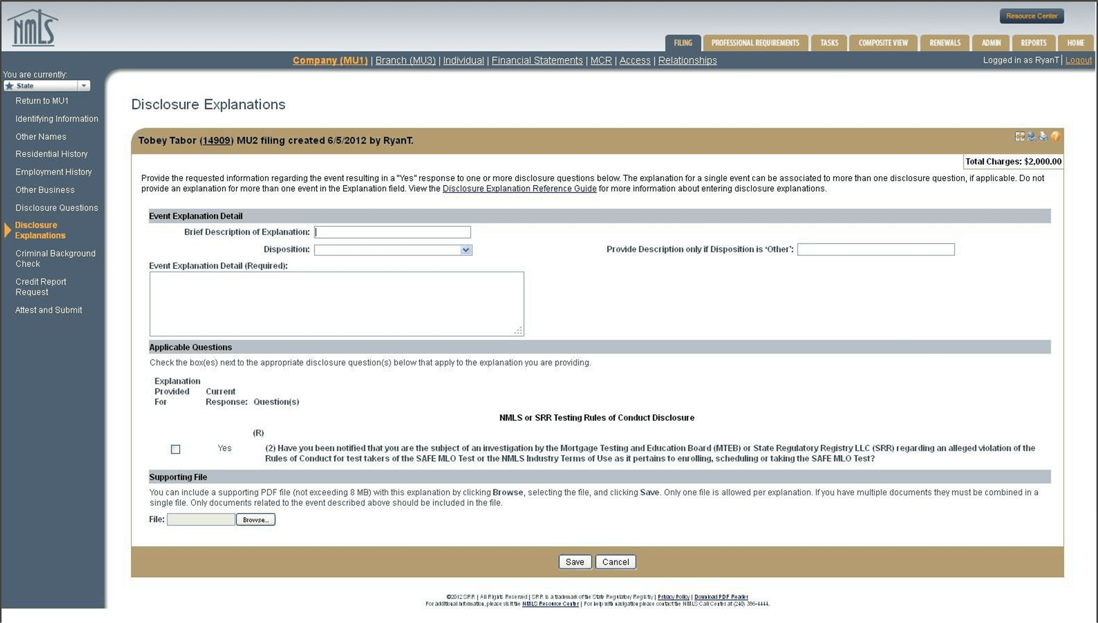 MU2 Disclosure Explanations section for individuals identified in the NMLS Company MU1 application