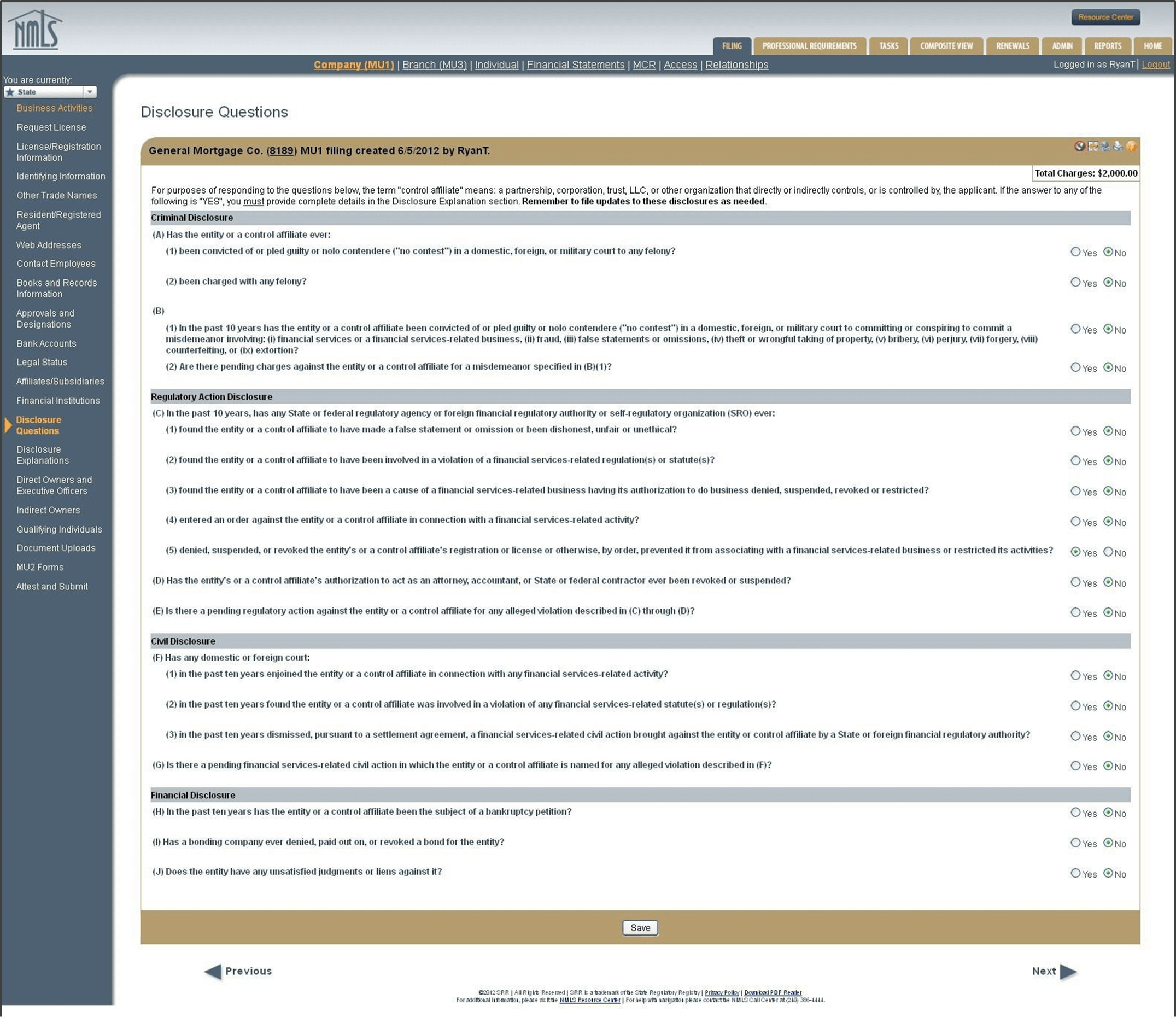 Disclosure Questions screen for NMLS Company MU1 application