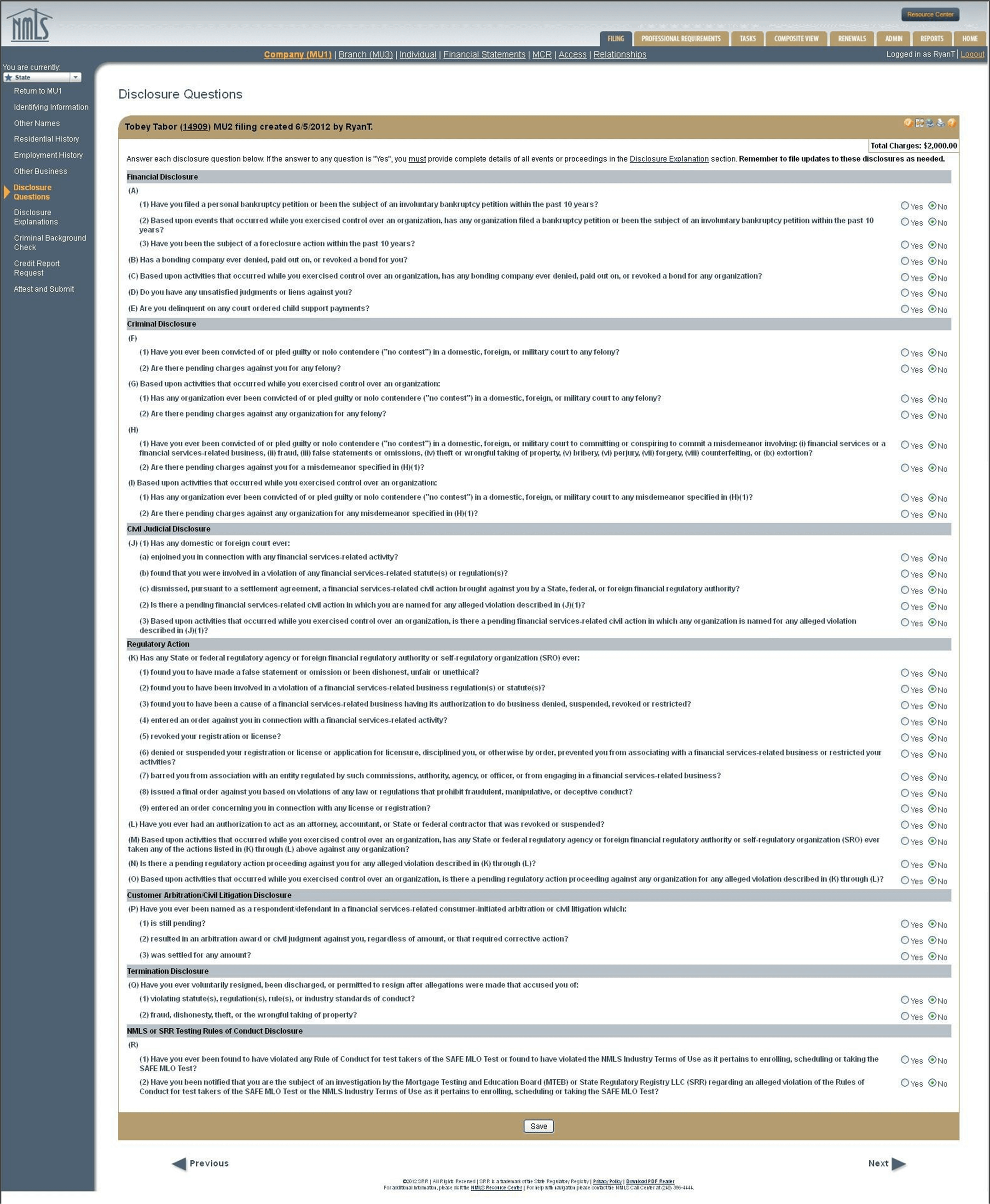 The MU2 Disclosure Questions section for individuals identified in the NMLS Company MU1 application