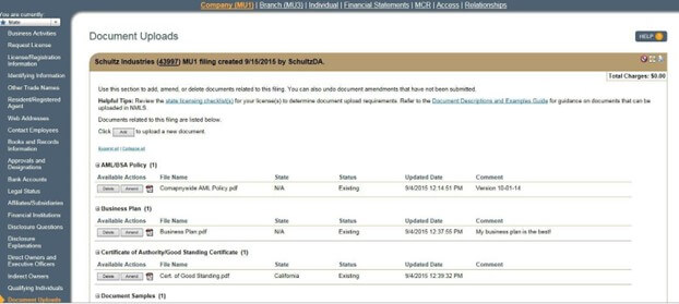Document Uploads section of the NMLS Company MU1 application