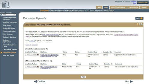 MU2 document uploads section for individuals identified in NMLS Company MU1 application