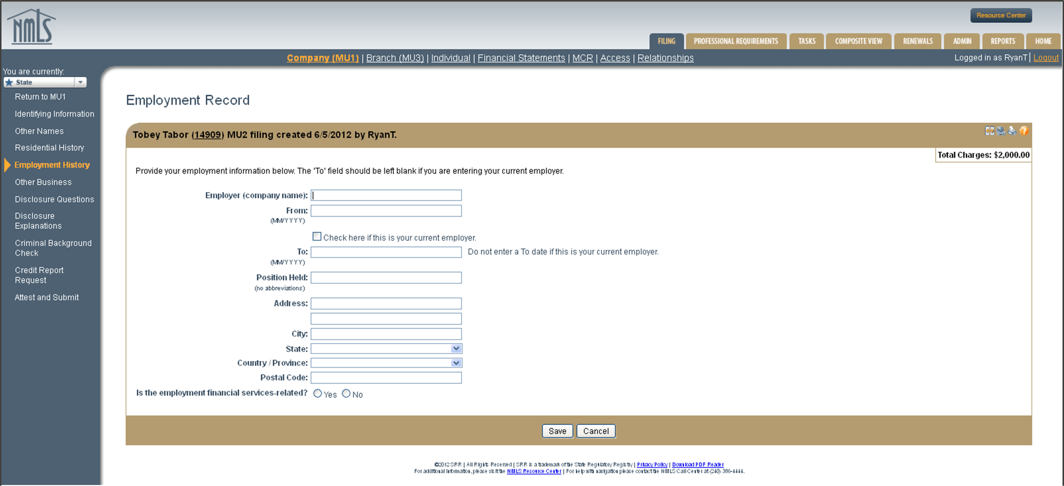 MU 2 Employment Record section for Individuals identified in the NMLS Company MU1 application