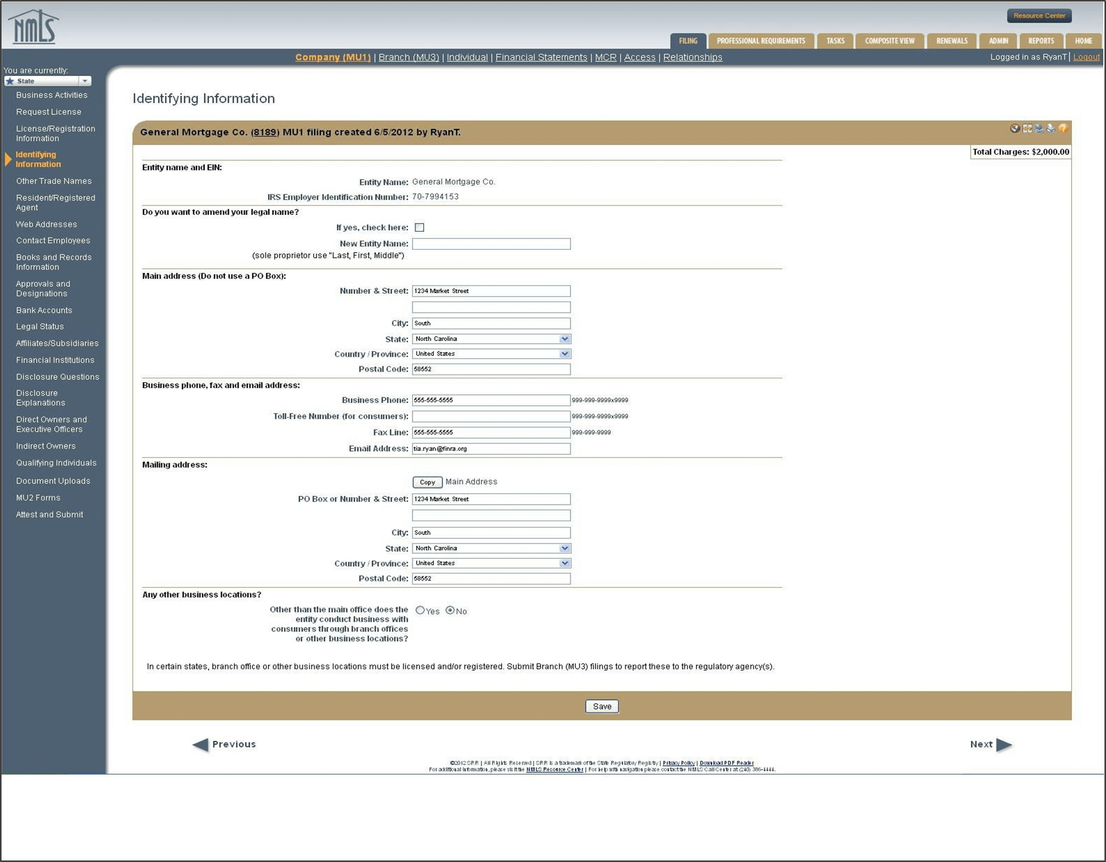 The Identifying Information screen on the NMLS MU1 Company account setup screens