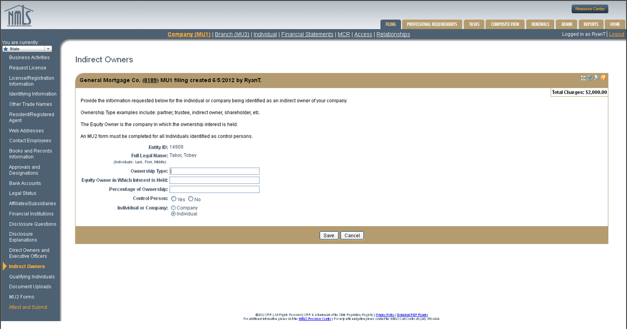 The Indirect Owners section of the NMLS Company MU1 application