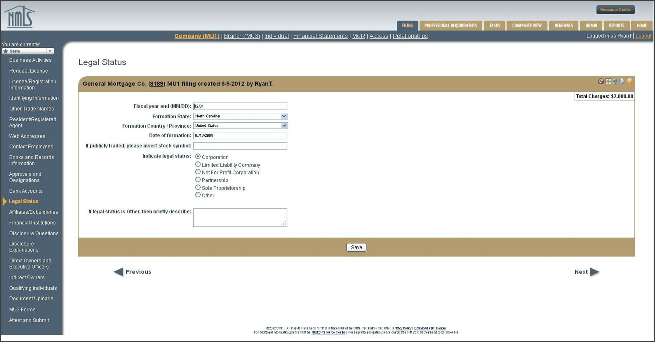 Legal Status screen on the NMLS Company MU1 application