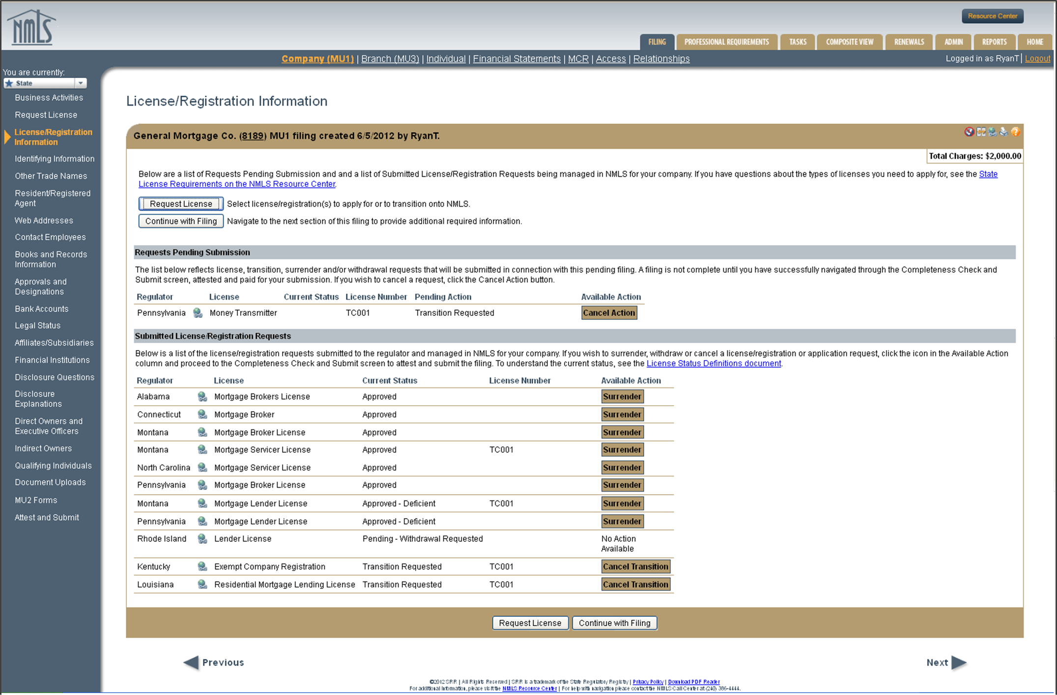License / Registration Screen for NMLS MU1 filings