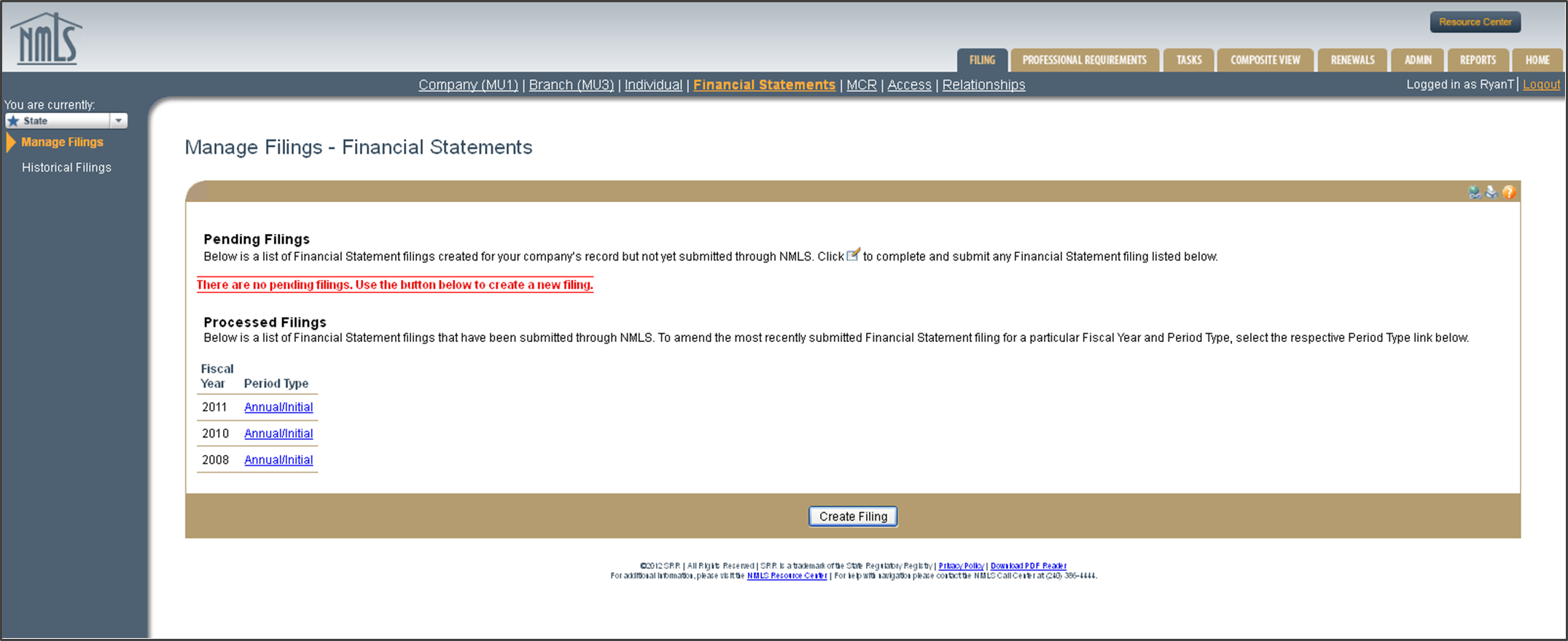 Manage Filings: Financial Statements, screen 1 of 2