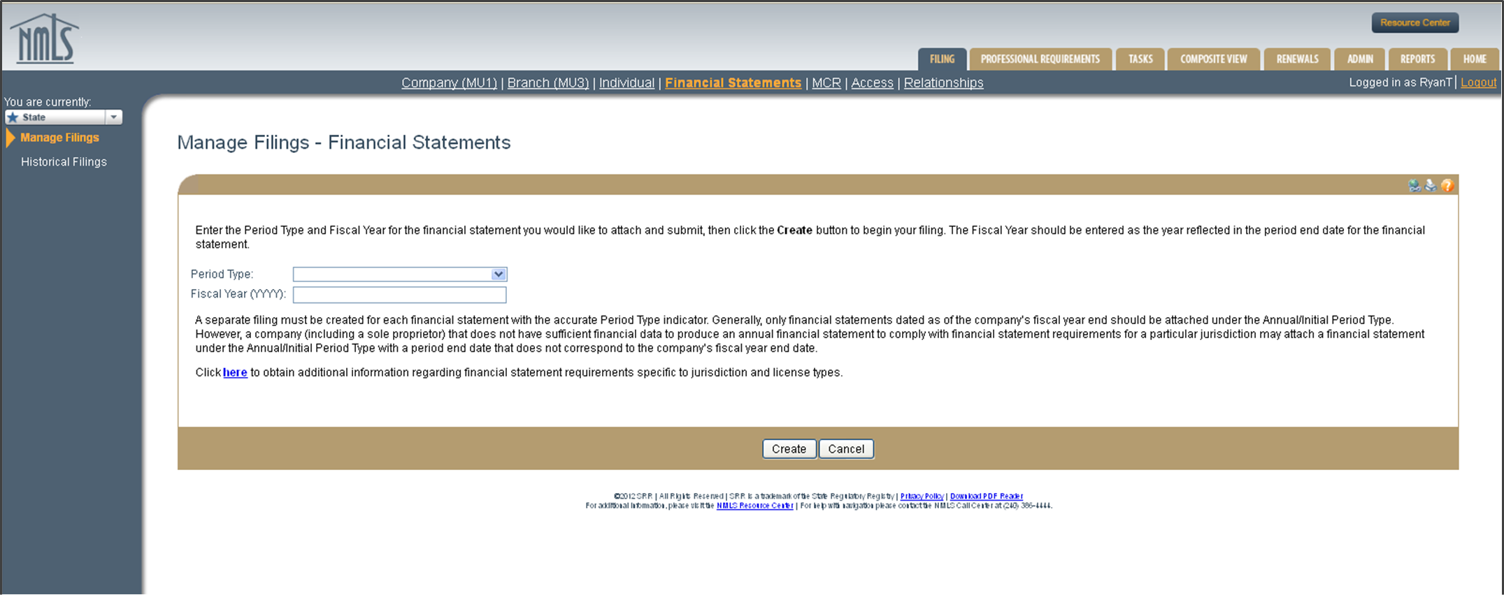 Manage Filings: Financial Statements, screen 2 of 2