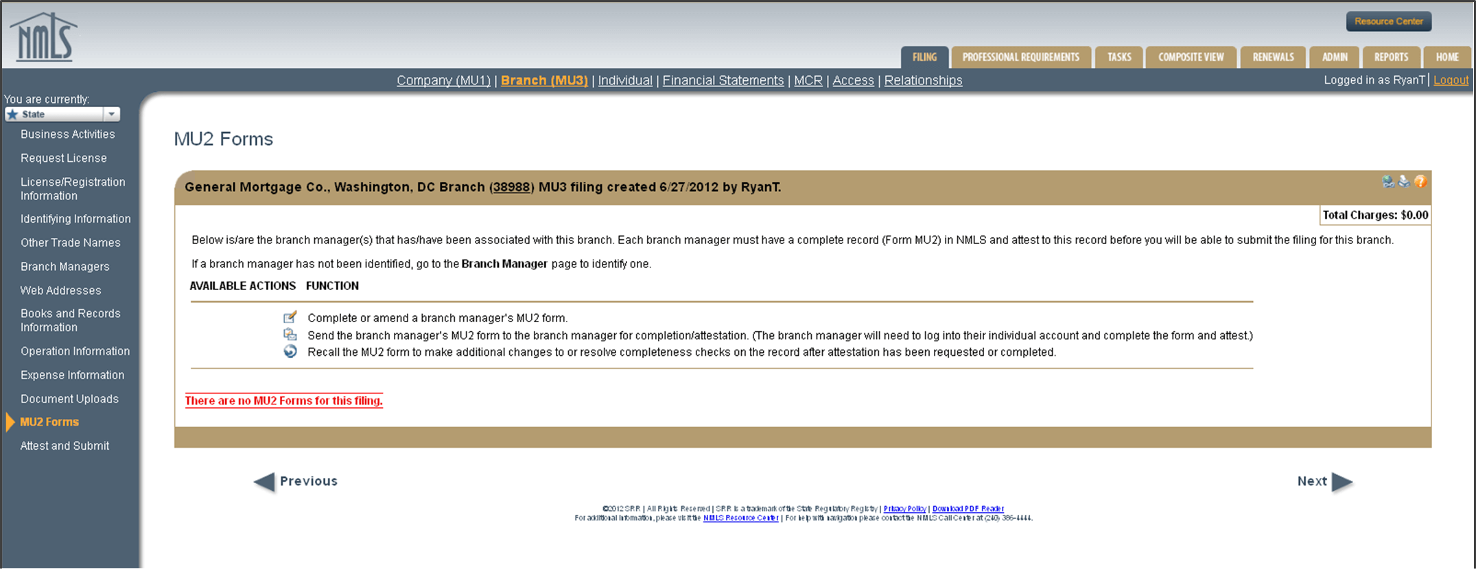 MU3 Individual MU2 Forms for branch managers identified in NMLS Company MU1 application