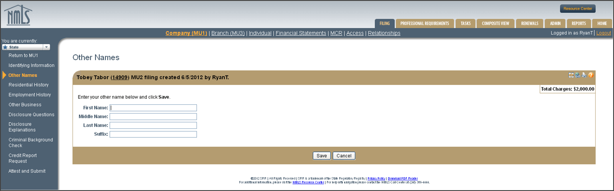 Other Names section of MU2 filing for individuals identified in NMLS Company MU1 application