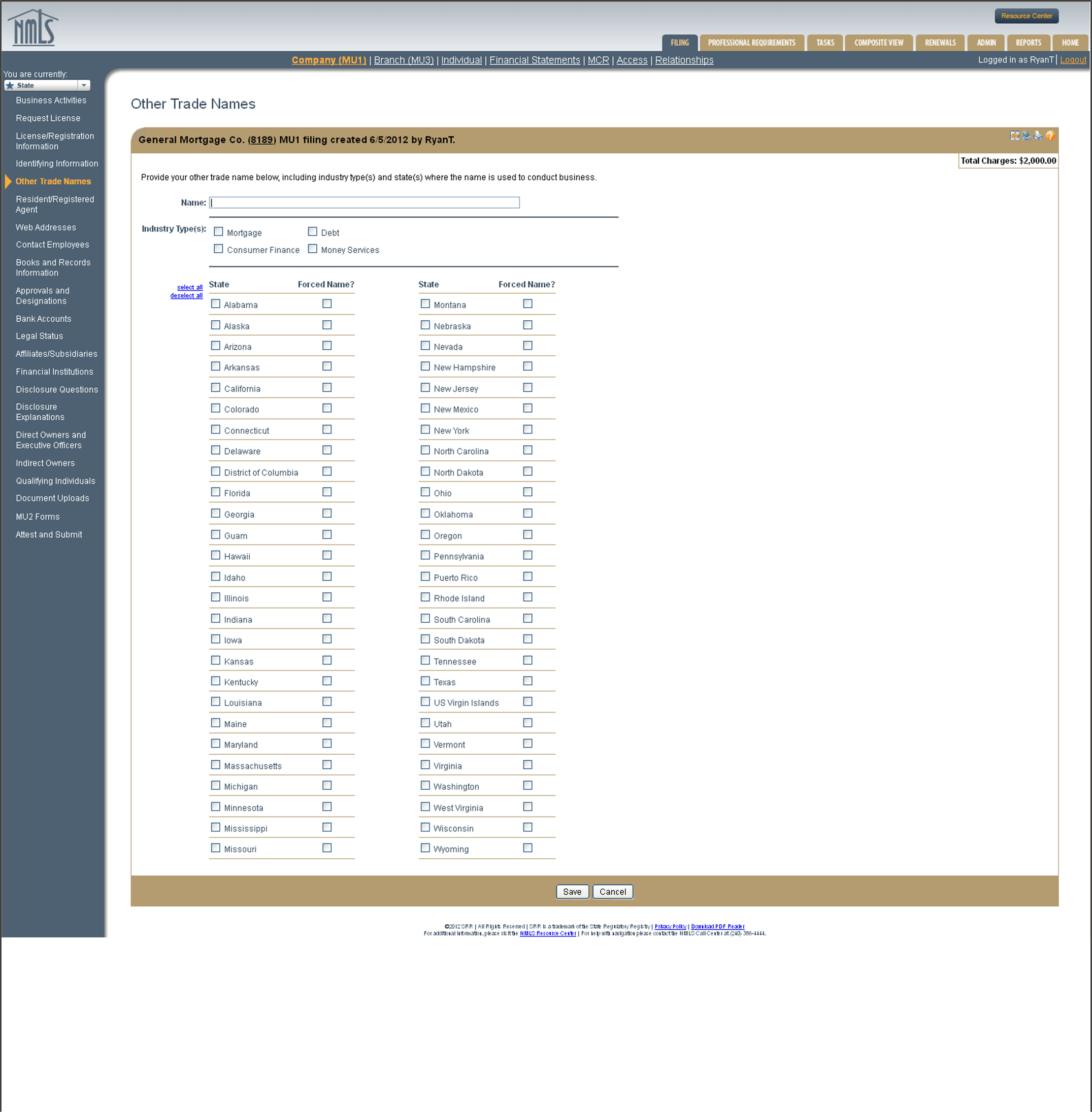 The Other Trade Names screen in NMLS MU1 company account creation