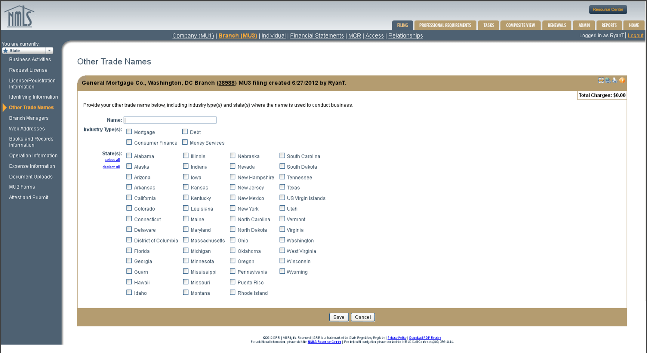 MU3 Other Trade Names section for branch of NMLS Company MU1 application