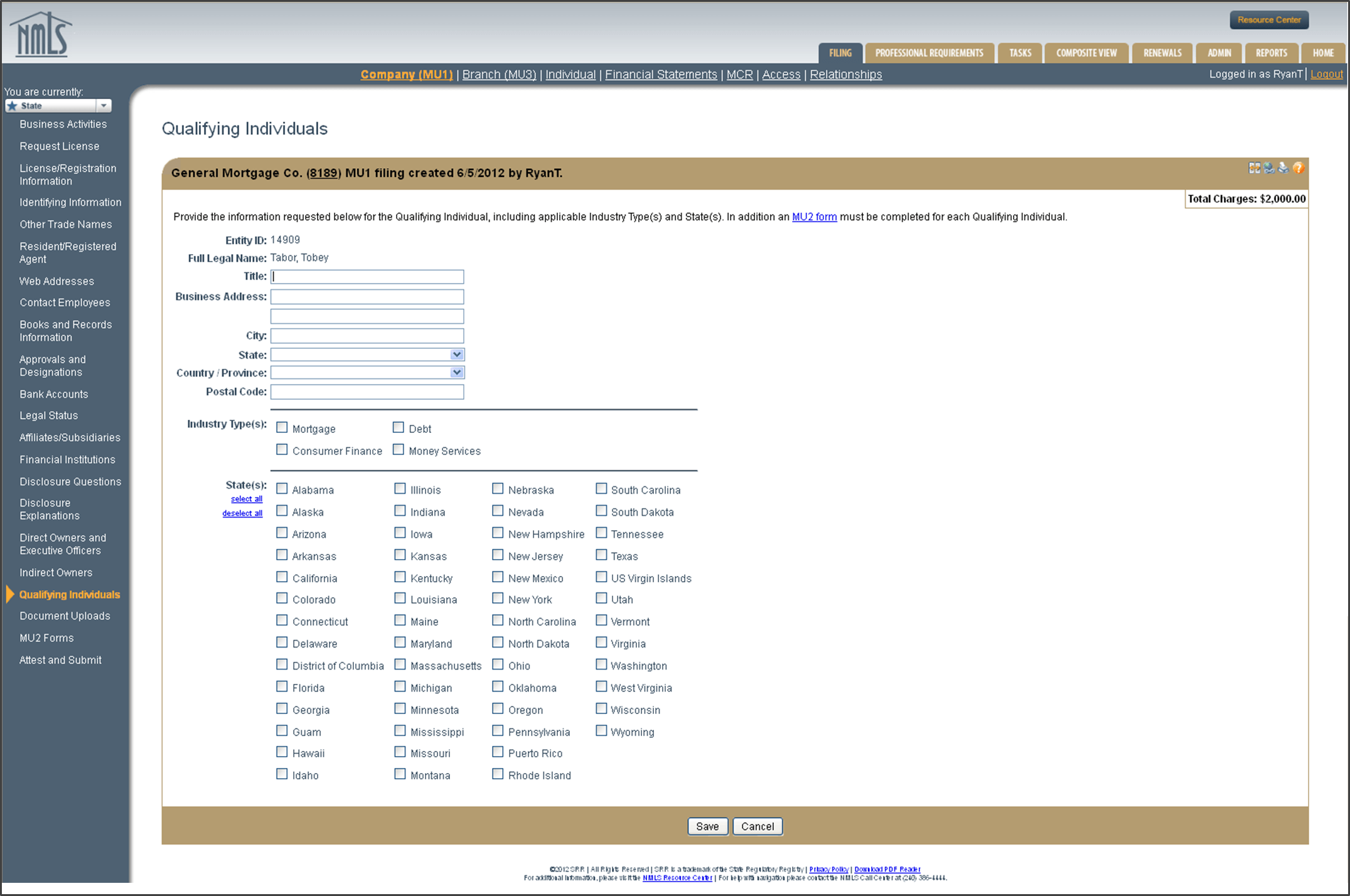 Qualifying Individuals section of NMLS Company MU1 application