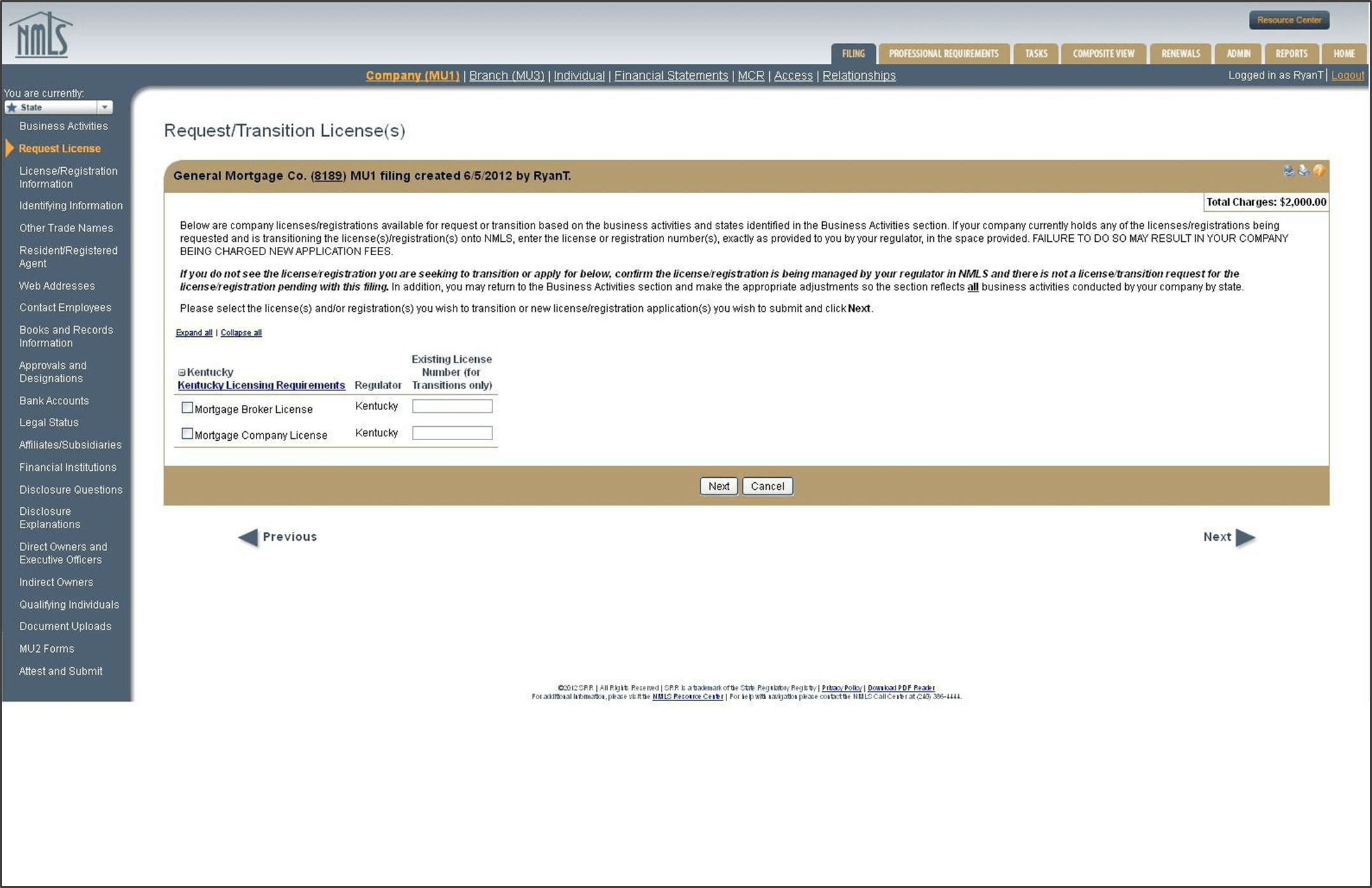 Request or Transition License screen for NMLS MU 1 filings
