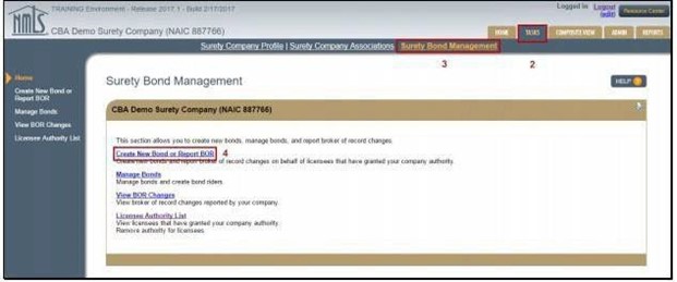 Surety Bond Management screen