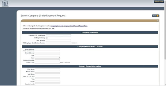 Surety Company Limited Account Request screen