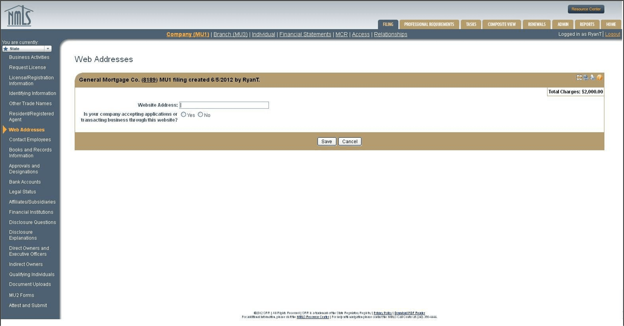 Company Web Address screen, NMLS MU1 application