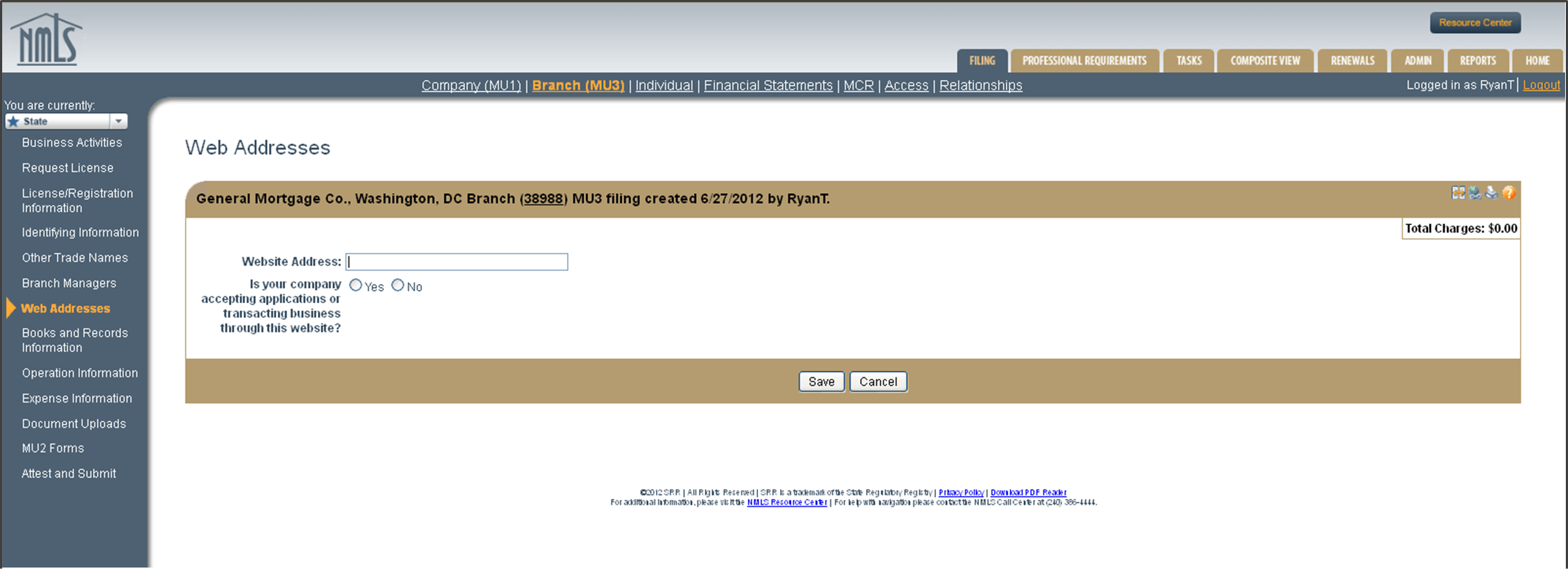 MU3 Branch Web Addresses section for banches in the NMLS Company MU1 application