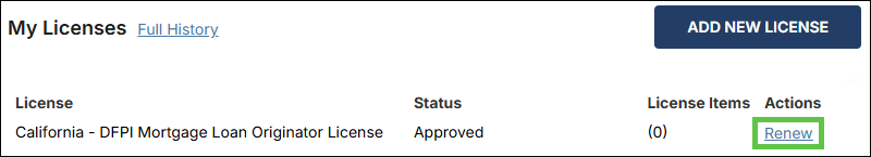 Renew Link in the My Licenses Section