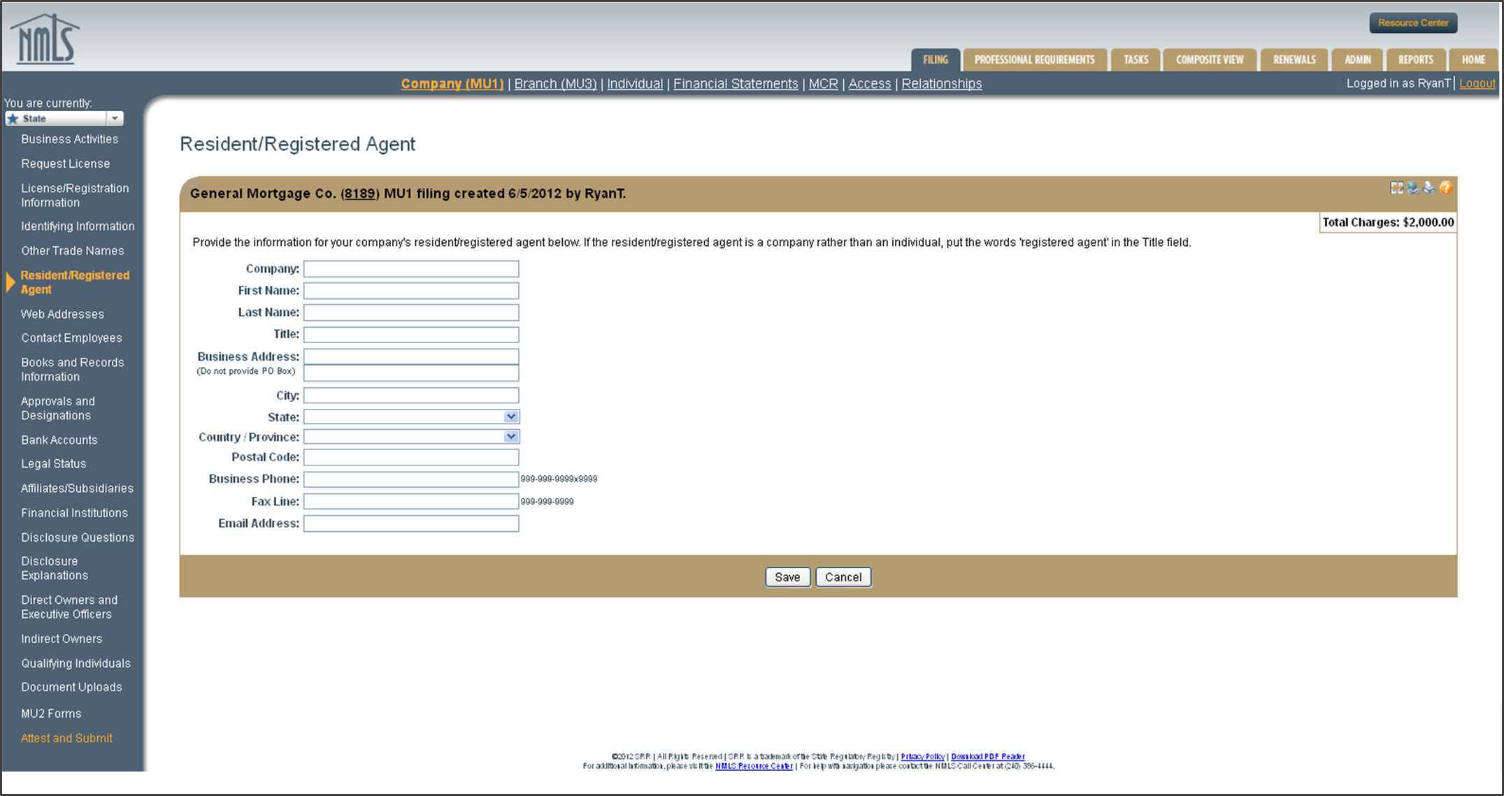 The Resident/Registered agent screen in the MU1 Company license application